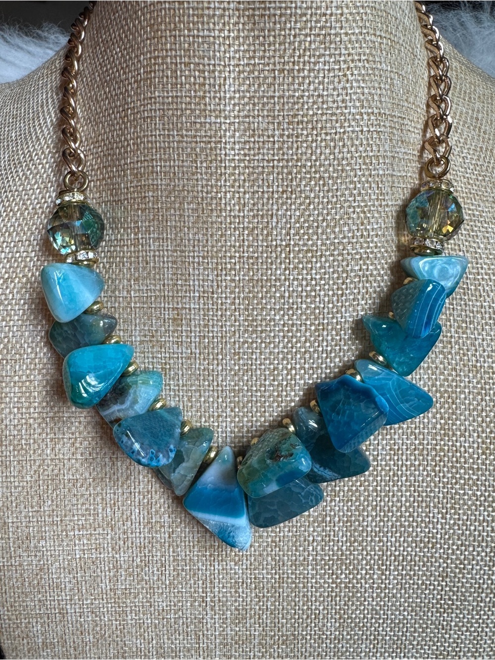 RJ Graziano Bright Blue dyed Agate and Gold Necklace